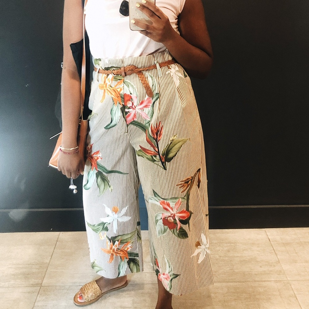 Zara Paperbag Waist, Wide Leg Birds of Paradise Pants